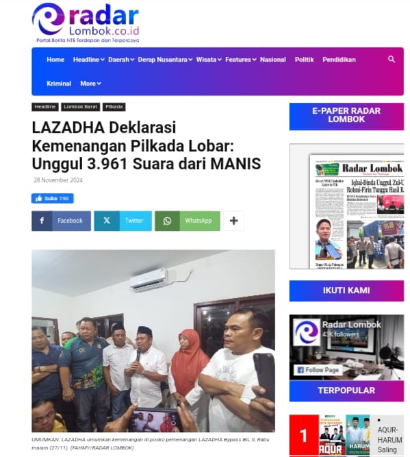 Pasangan Lalu Ahmad Zaini – Nurul Adha (Lazahda) melakukan deklarasi kemenangan pasca pencoblosan