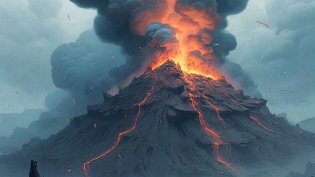 PRODUK AI: Ilustrasi letusan gunung api purba