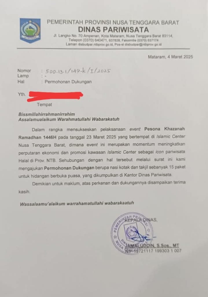 Surat Permohonan Dukungan Dispar NTB