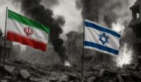 Bendera Iran dan Israel berlatar perang (sumber AI Chat GPT)