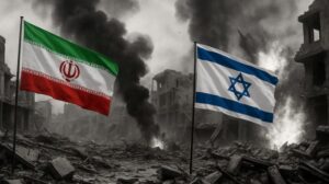 Bendera Iran dan Israel berlatar perang (sumber AI Chat GPT)